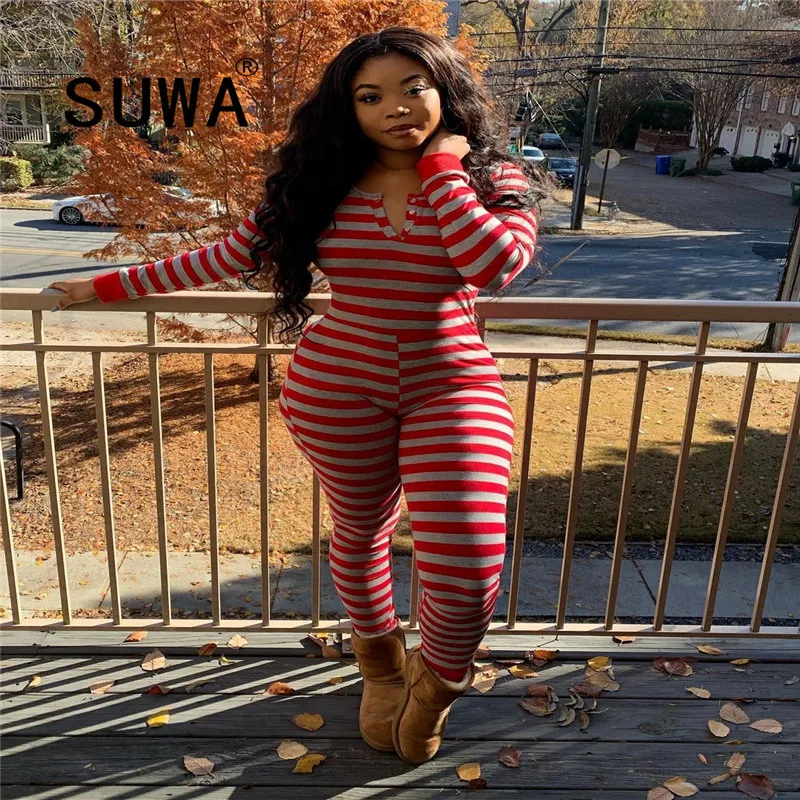 

Модные Повседневные уличные комбинезоны, женская одежда для сна, белый, красный полосатый комбинезон с длинным рукавом, сексуальный комбин...