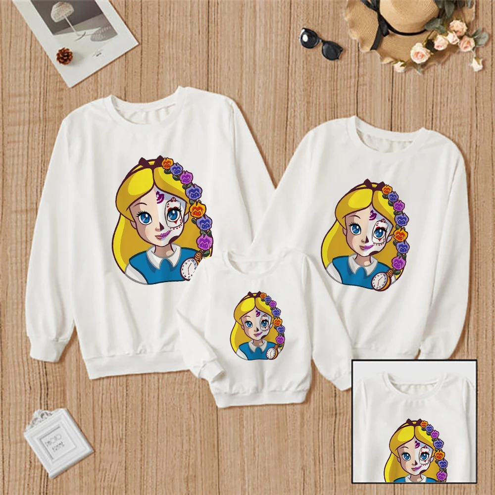 

Disney Streetwear Sweatshirt Unisex Alice Print Harajuku Pullover Alice in Wonderland Family Look Tops Anime Clothes Comfortable