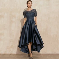 elegant navy blue satin prom dresses 2022 o neck lace short sleeve asymmetrical sexy party gowns vestidos largos with pocket