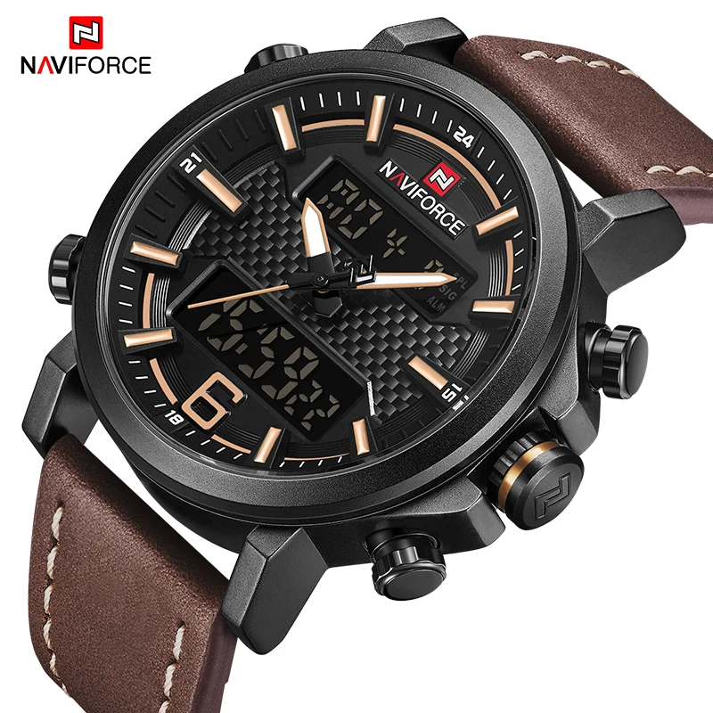 NAVIFORCE LED цифровые спортивные мужские часы водонепроницаемые роскошные кожаные