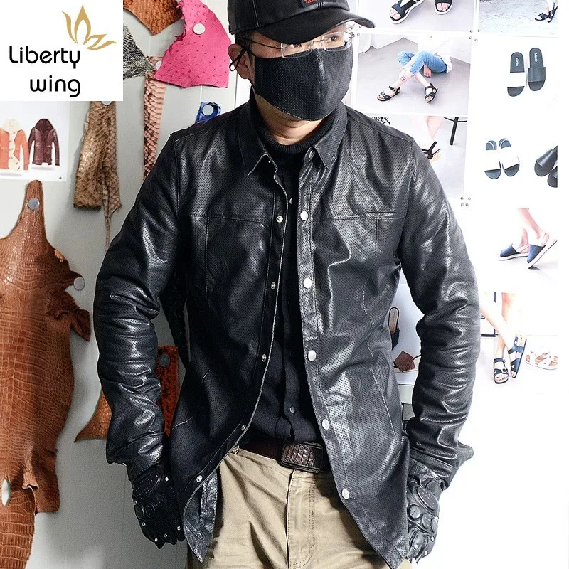 Мужская рубашка из натуральной кожи повседневная однобортная с длинным рукавом