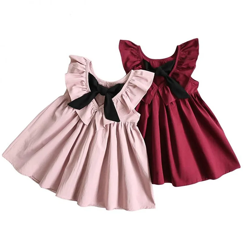Cute Baby Girls Summer Sundress Bowknot Short Mini Vest Dress Toddler Kids Cotton Casual Dresses Sleeveless Outfit Red Pink