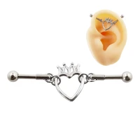 jhjt 14g new fashion 316l stainless steel industrial barbells with heart crown ear piercing women body jewelry 1 12 inch38mm