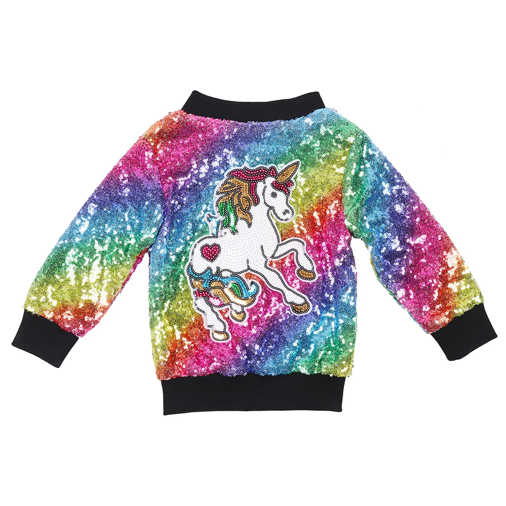 

Куртка-бомбер с блестками для девочек; детская куртка с блестками и радужным единорогом; черная верхняя одежда на молнии; одежда с блестками...