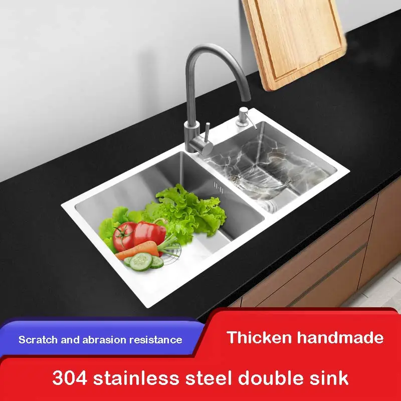 

kitchen 304 stainless steel silver sink thickened handmade double sink vegetable sink under counter basin AE02SJ-0019