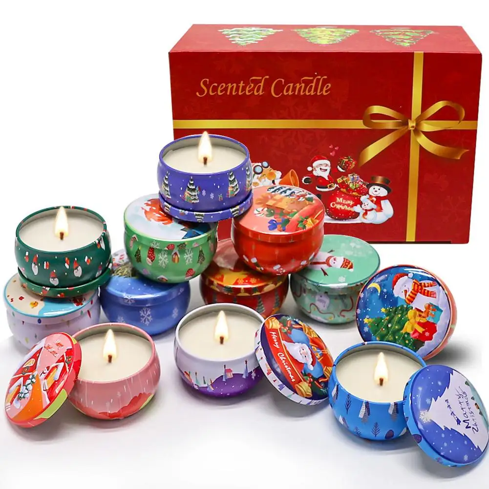 

12PCS Christmas Scented Candle Set Natural Soy Wax Aromatherapy Tin Candle DIY Candle Making Home Relieve Stress Candle