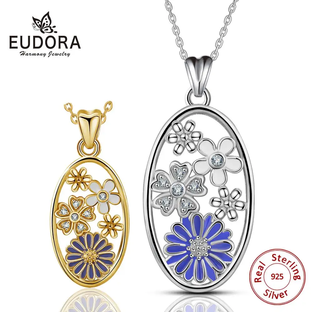 

EUDORA уникальная немецкая Подвеска из серебра с синим васильком, с кристаллом и цепочкой, ювелирные украшения для подарка на День святого Вал...