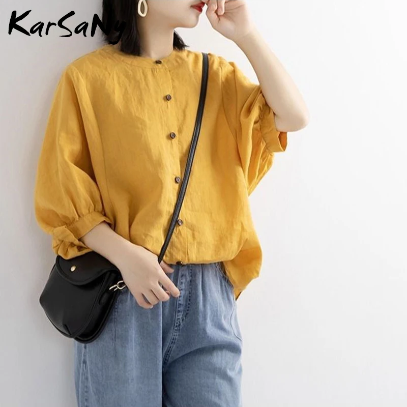 

KarSaNy Cotton Linen Shirt Women Summer Thin Fabric Loose Plus Size Linen Blouses For Women Shirts Lantern Sleeve Blouse Summer