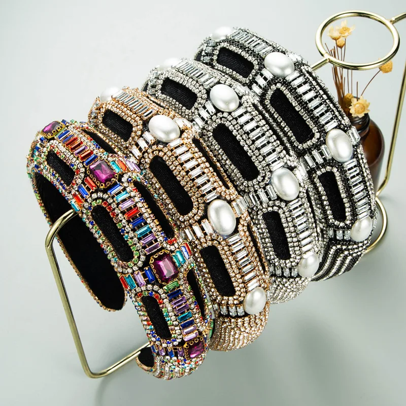 

Exaggerated Baroque Hairband Bohemian Padded Crystal Crown Luxury Colorful Rhinestone Headbands for Women Wedding Party 2021