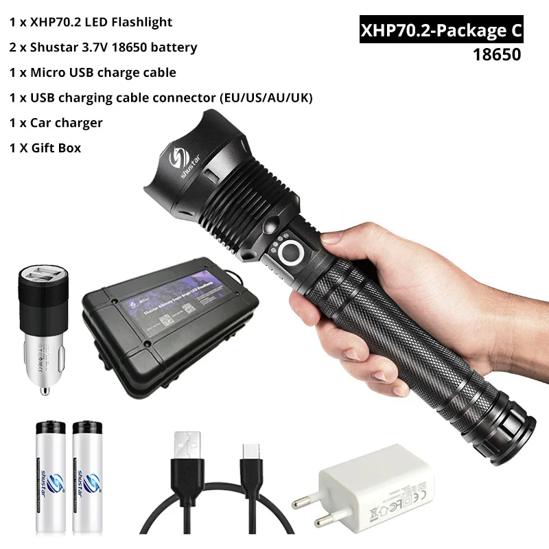 XHP70.2-18650-C Супер яркий Мощный светодиодный фонарь с XHP 70,2, тактический светодиодный фонарь с бусинами, поддержка зума, 3 режима освещения, портативный фонарь - Испускаемый цвет: XHP70.2-18650-C