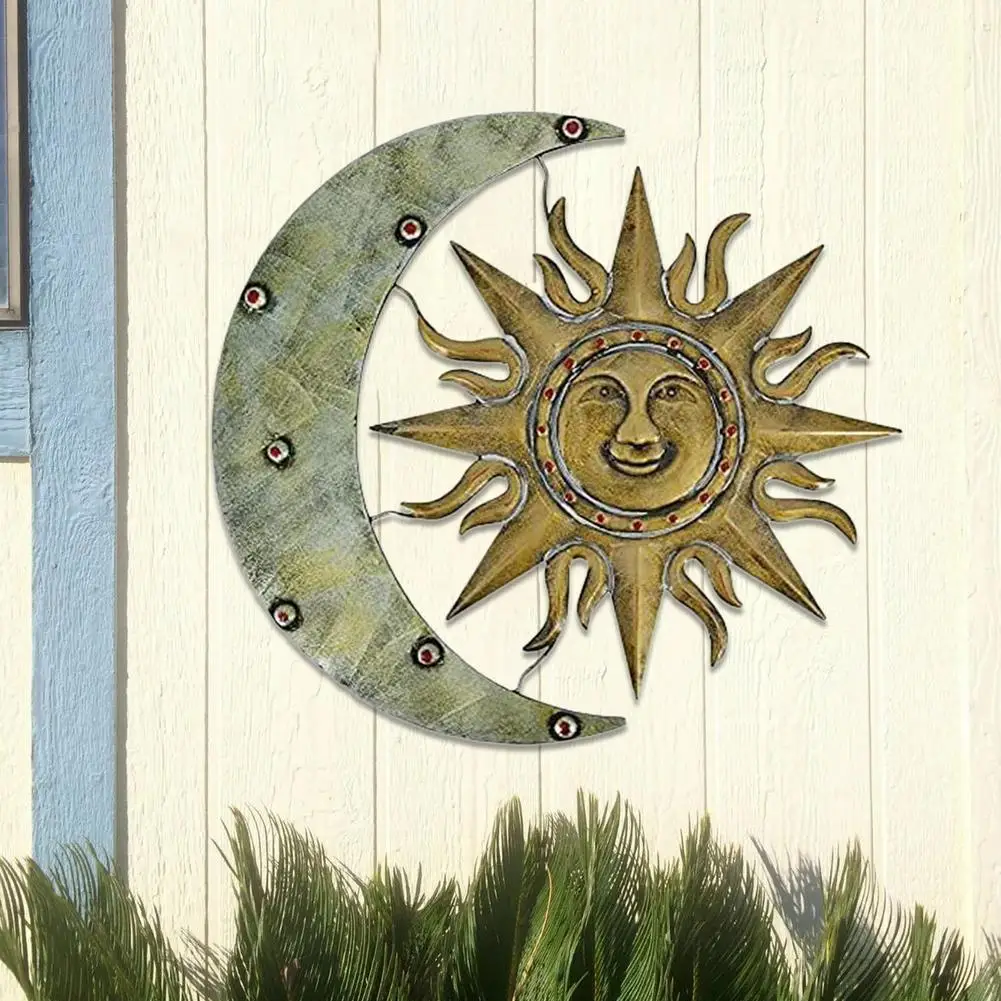 

Wrought Iron Sun Moon Metal Art Hanging Pendant Background Wall Living Room Decor Vintage Ornament for Indoor Outdoor Home Decor