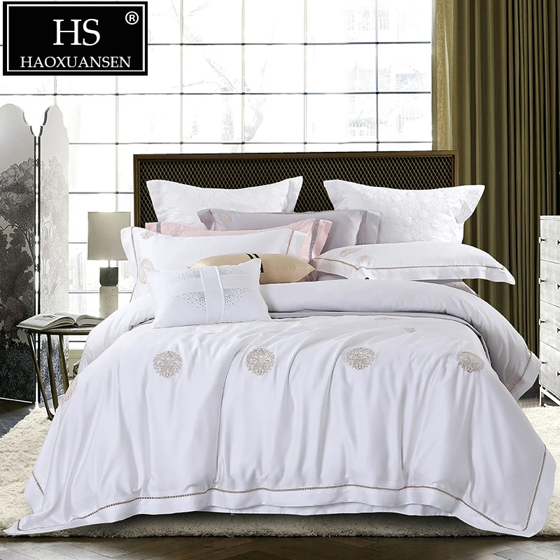 

White 100% Tencel Lyocell 4 Piece Embroidery Bedding Sets 650 Thread Count Soft Soft Smooth Breathable Durable Sheets Set