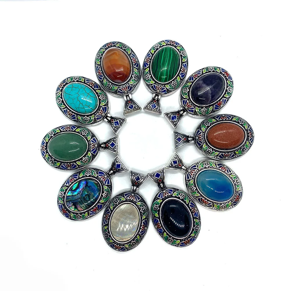 

Natural Stone Lapis Lazuli Pendant 32X53mm Shell Gem Inlaid Metal Oval Pendant Fashion DIY Necklace Bracelet Jewelry Accessories