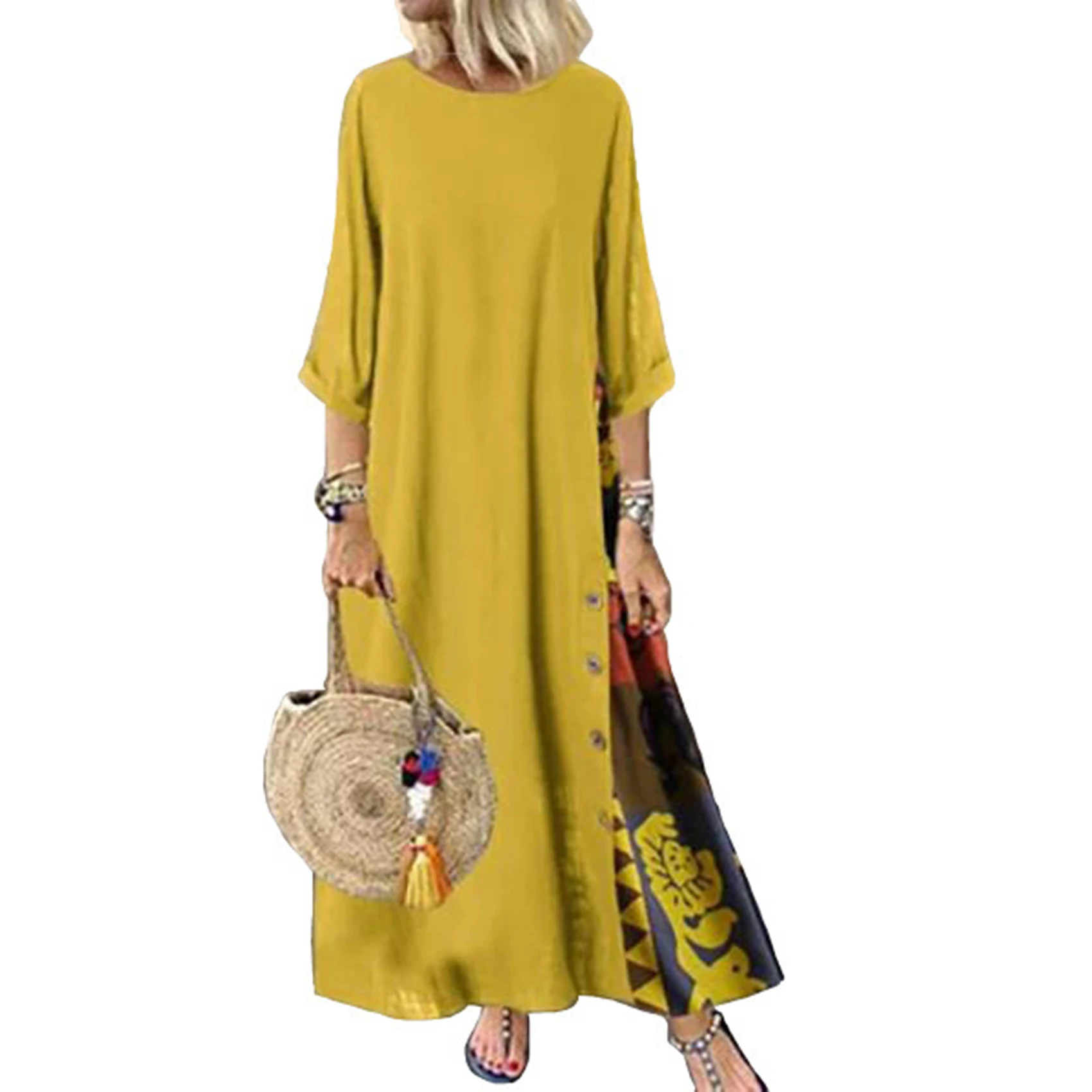 

2020 Casual Vintage Stitching Dress Women's Maxi Sundress 3/4 Sleeve Summer Vestidos Female O Neck Floral Robe Plus Size