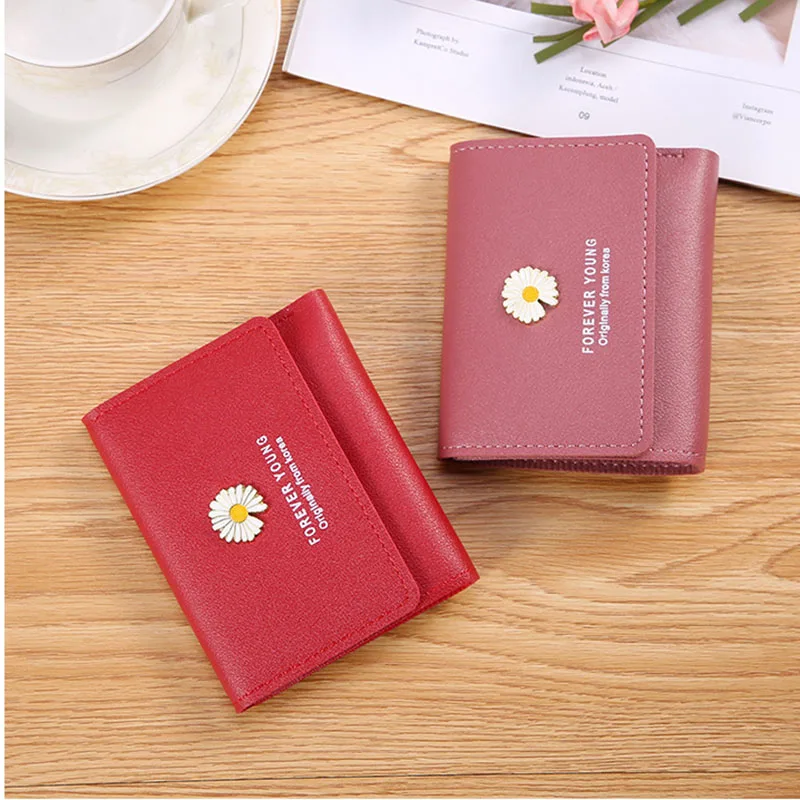

Short Trifold Cute Littler Daisy Small Card Holder Wallet for Students Teenager Girls Mini Wallets for Kids PU Leather 2021 New