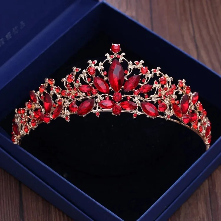 1Pcs Crown Барокко Золотой Цвет Свадебные Ювелирные наборы Стразы Корона ожерелье серьги для женщин Винтаж Красный Кристалл Свадебные аксессуары для волос - Окраска металла: 1Pcs Crown