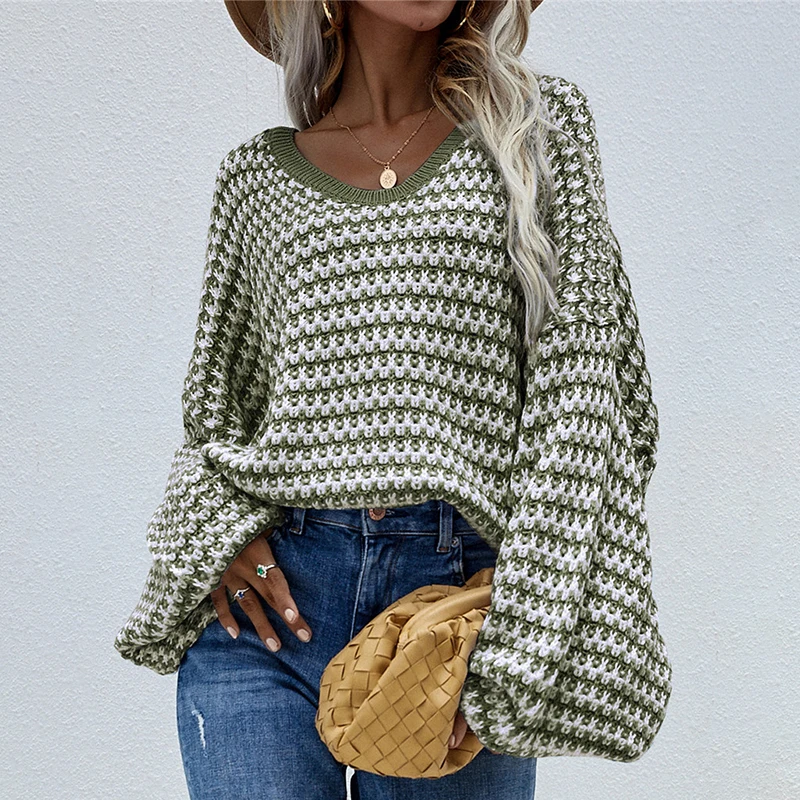 

Giyu V-neck Long Lantern Sleeve Fashion Women Pullovers Striped Knitted Autumn Winter Oversize Sweaters Femme Casual Loose Tops