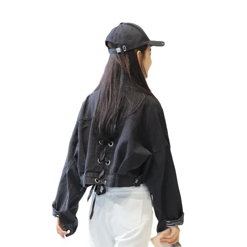

2020 Spring Coat Women Back Lace Up Turn-down Collar Short Denim Jacket Black Single Breasted Female Jeans Jacket