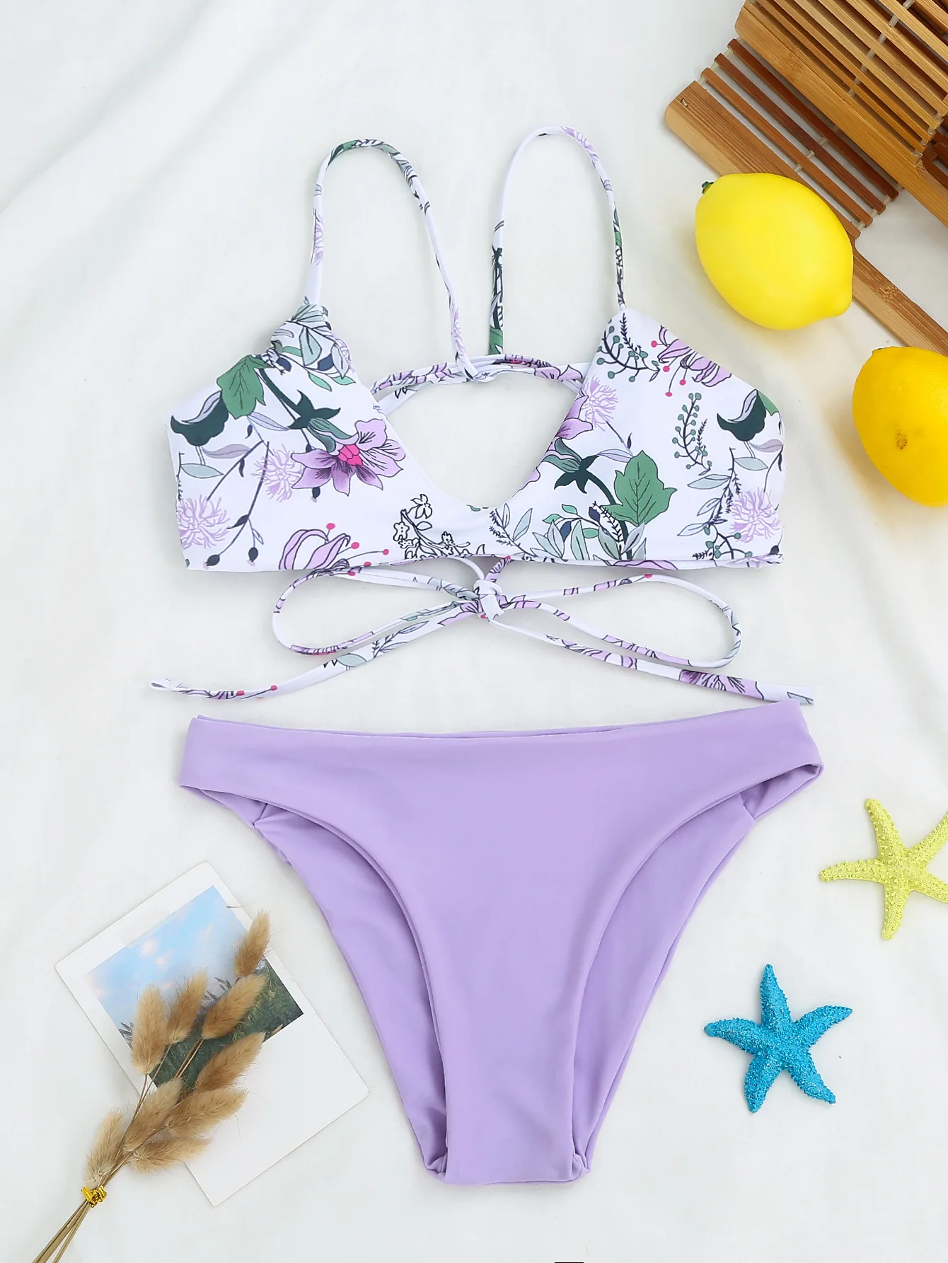Sexy Bikini Bandage Women'S Swimming Suit Swimwear Women Beach Swimsuit Backless Flowers Knot Beachwear Two Piece Thong+Bra