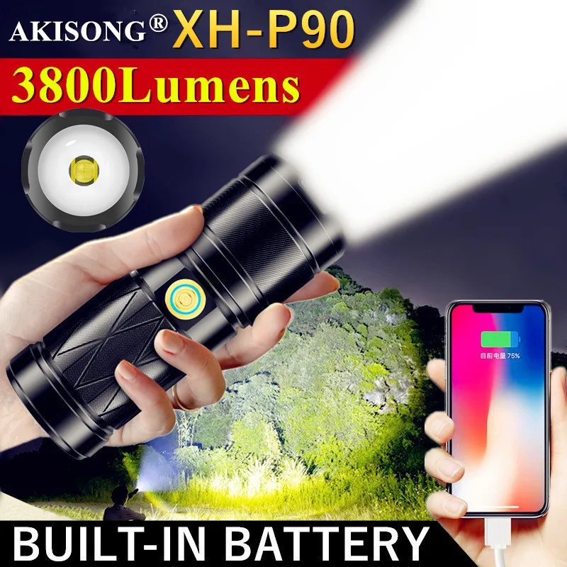 

CREE XHP50/P70/P90 High Power LED Powerful Flashlight Built-in 18650 USB Charging Lantern Zoomable Hunting Tactical Torch