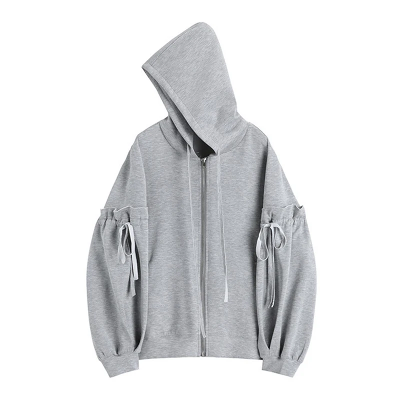 

Spring Autumn Vintage Grey Long Sleeve Bandage Hooded Oversize Female Casual Sweatshirt Coats Korean Style Hoodies Women 2021