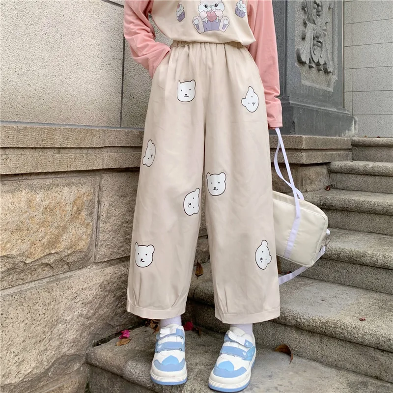 

Printing Women Pants Basis Wild High Waist Loose Trousers Elastic Waist Casual Student Pant Japanese Kawaii Soft Girl Cute Bear
