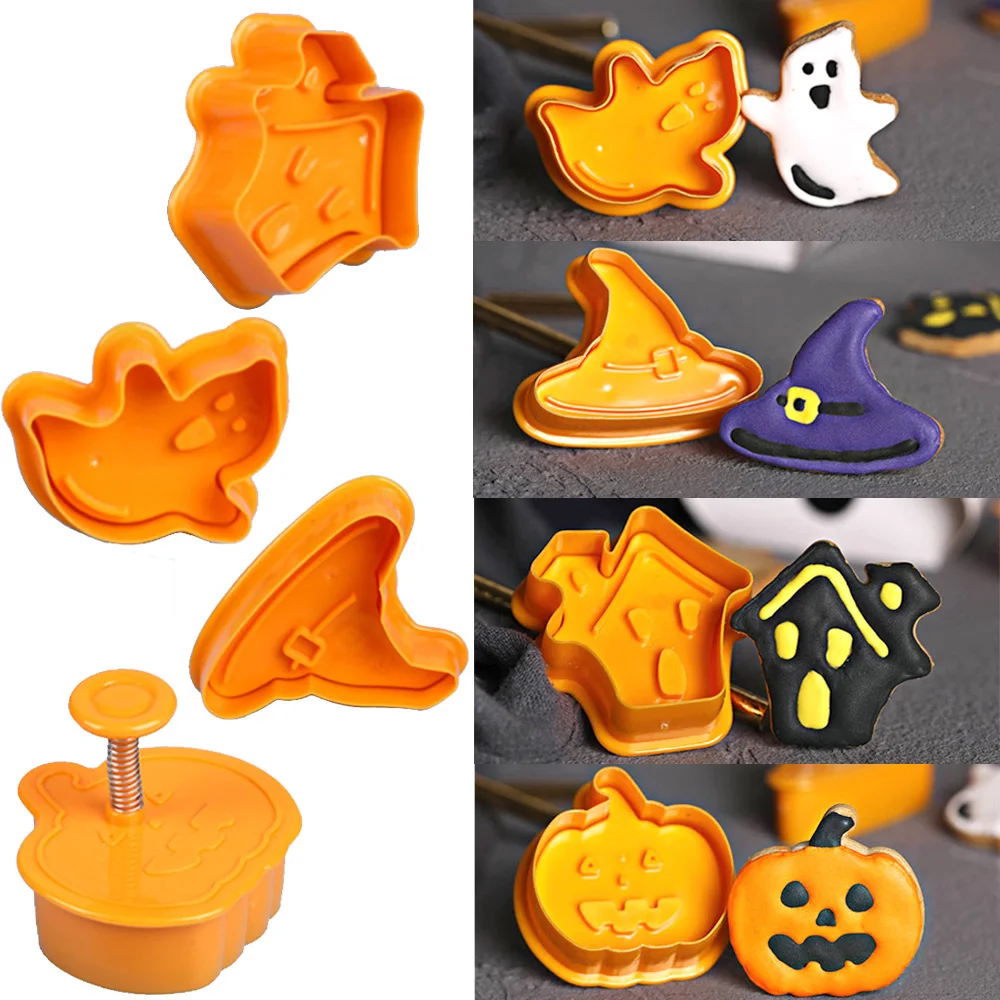 

4pcs Halloween Pumpkin Ghost Theme Plastic Cookie Cutter Plunger Fondant Sugarcraft Chocolate Mold Cake Decorating Tools