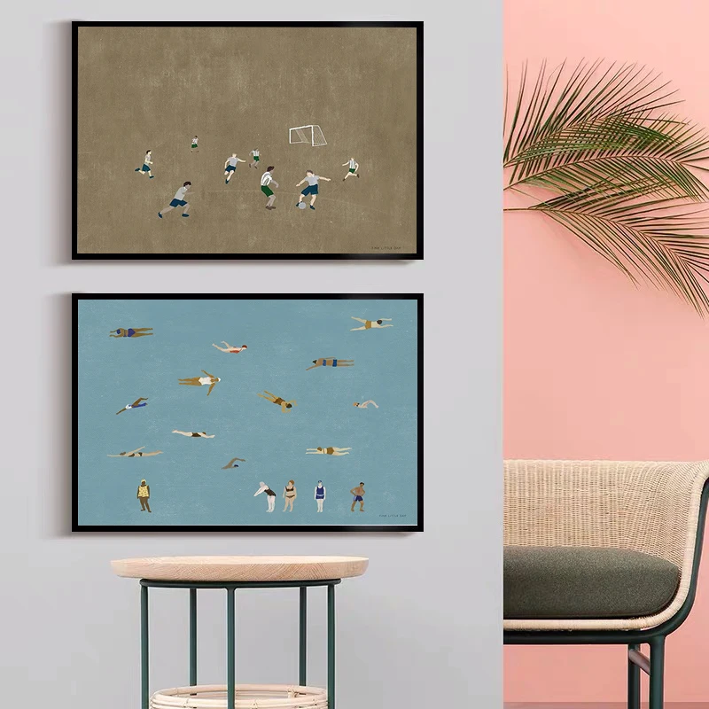Винтажные абстрактные фигурки птицы Парижские линии Плакат футбол плавание