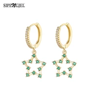 sipengjel fashion cubic zirconia green star earrings geometric round circle hoop earrings for women korean jewelry 2021