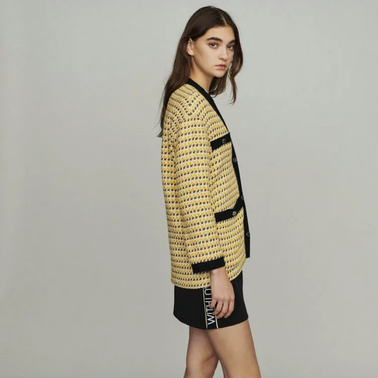 

tweed 2020 jacket spring fashion V neck long sleeve yellow knitted plaid women sweet cardigans coat manteau femme