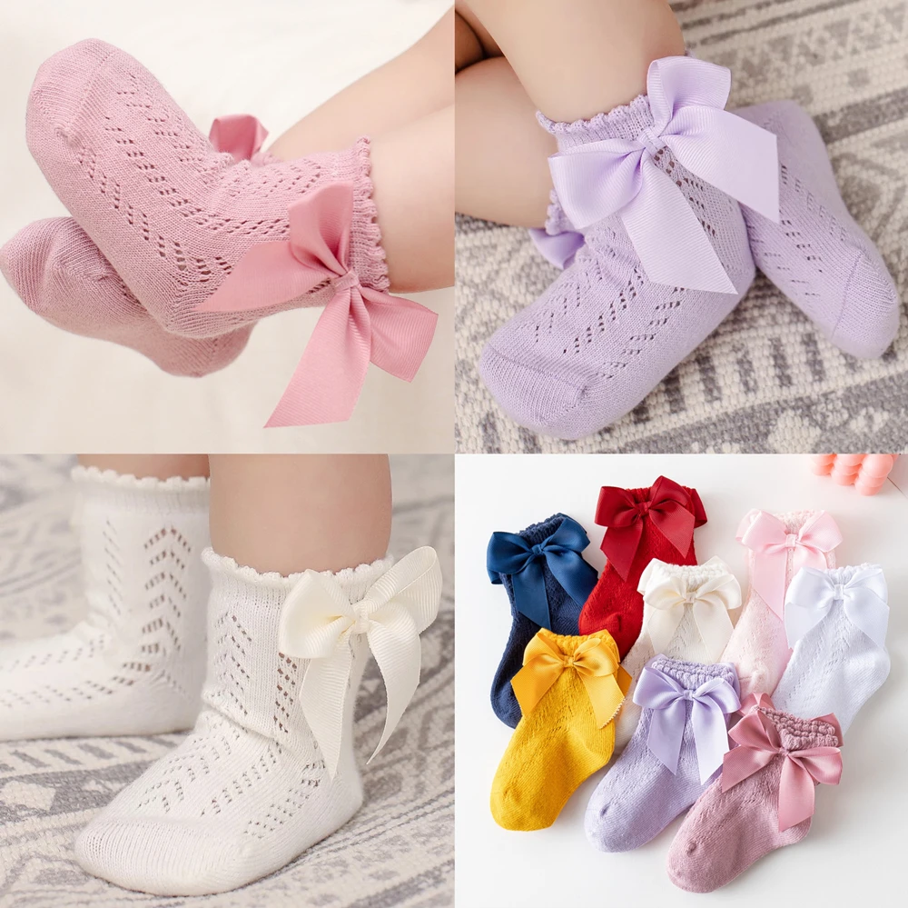 

Носки для маленьких девочек с большим бантом, дышащие детские короткие носки для девочек, милые хлопковые носки с вырезами для малышей от 0 д...
