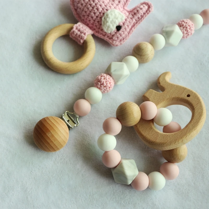 

Baby Dummy Holder Pacifier Chain Silicone Beads Bracelet Infants Wooden Ring Teether Mobile Rattle Nursing Chewing Toys Shower