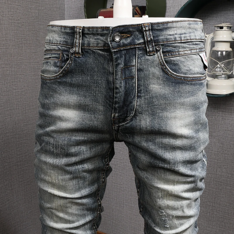 European Vintage Fashion Men Jeans Retro Distressed Wash Slim Fit Ripped Jeans Men Designer Elastic Casual Cotton Denim Pants