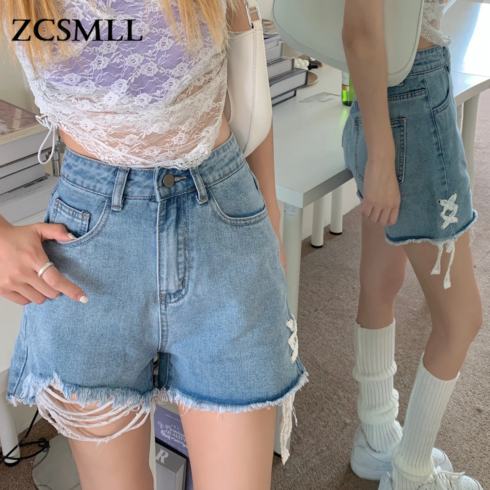 

Женские джинсовые шорты ZCSMLL большого размера с завышенной талией и кружевной каймой, летние модные широкие брюки в Корейском стиле