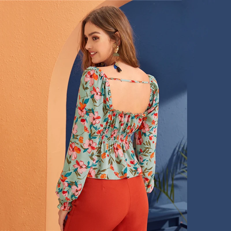 Dotfashion Бохо с квадратным вырезом Цветочный принт блузка Для женщин Осенняя эластическая Фонари рукава блузки Повседневное с низким вырезом на спине, Топ