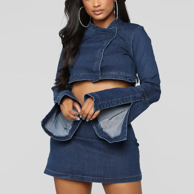 Осенне зимний джинсовый сексуальный комплект из двух предметов с юбкой женские