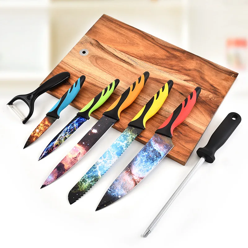 

Eight-piece stainless steel star printing knife set Color printing kitchen knives set Household fruit knives