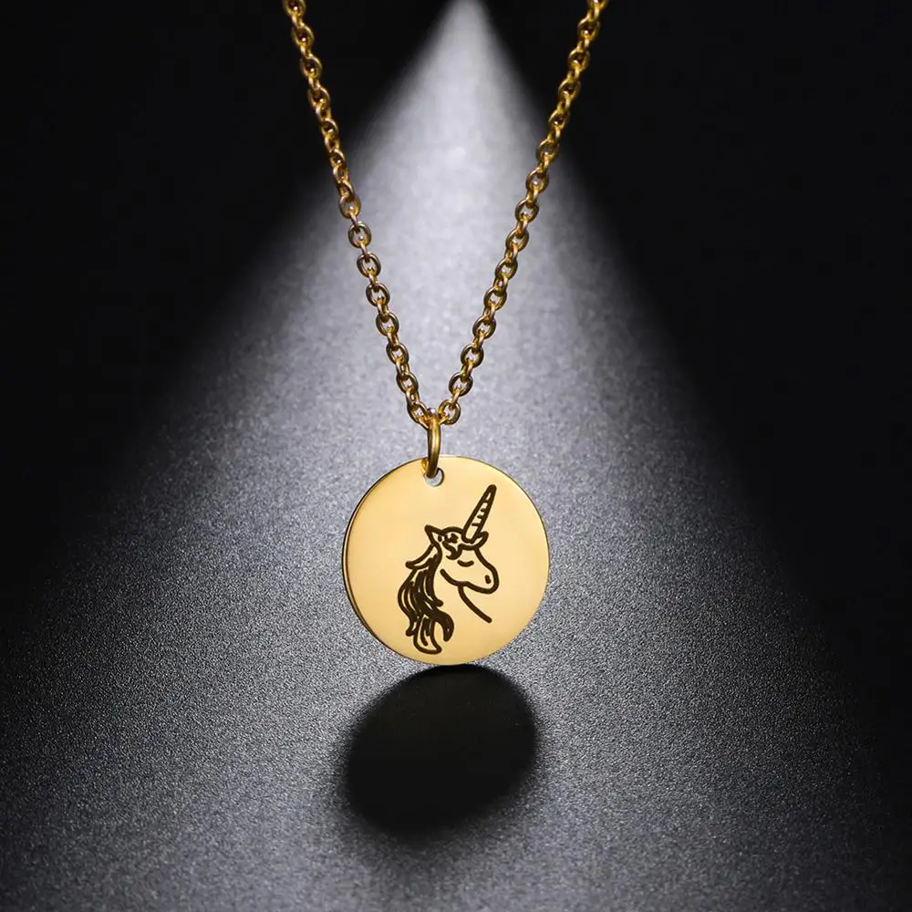 

Teamer Cute Cartoon Unicorn Necklace Round Coin Pendant Gold Plated Stainless Steel Necklace for Women Animal Jewelry Gifts 2020
