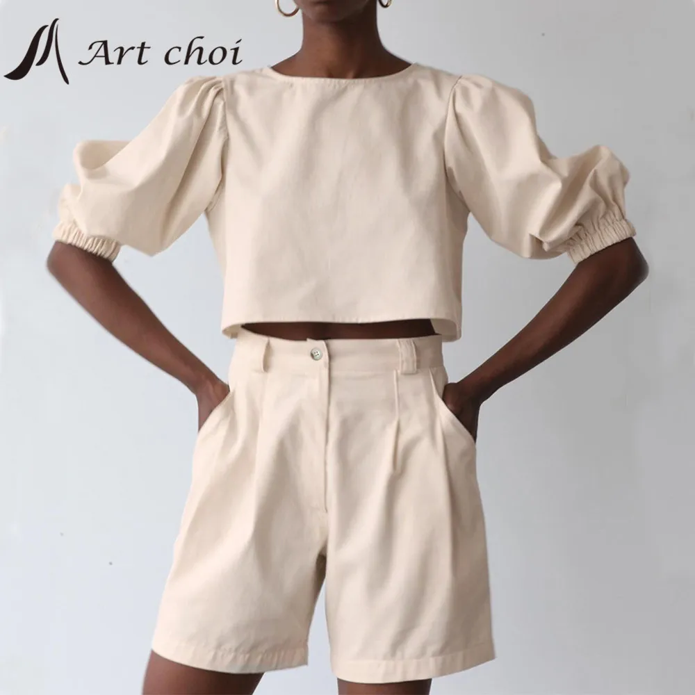 

Summer Two Piece Set Pullover Tracksuit Casual Outfit Suits Women T Shirt Crop Tops Puff Sleeve Shorts Trouse Khaki 2 Piece Sets