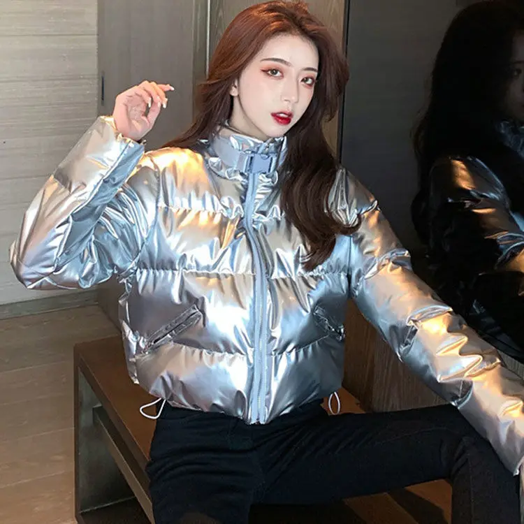 

Large size women's fat sister loose winter thick bread clothes versatile fashion slim patent leather glossy cotton coat coat