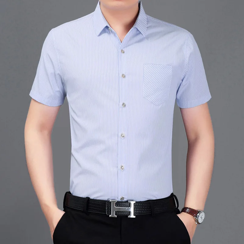 

Best Sales Cheap Casual Formal Slim Fit Cotton Men's Business Vertical Striped Short Sleeve Shirts