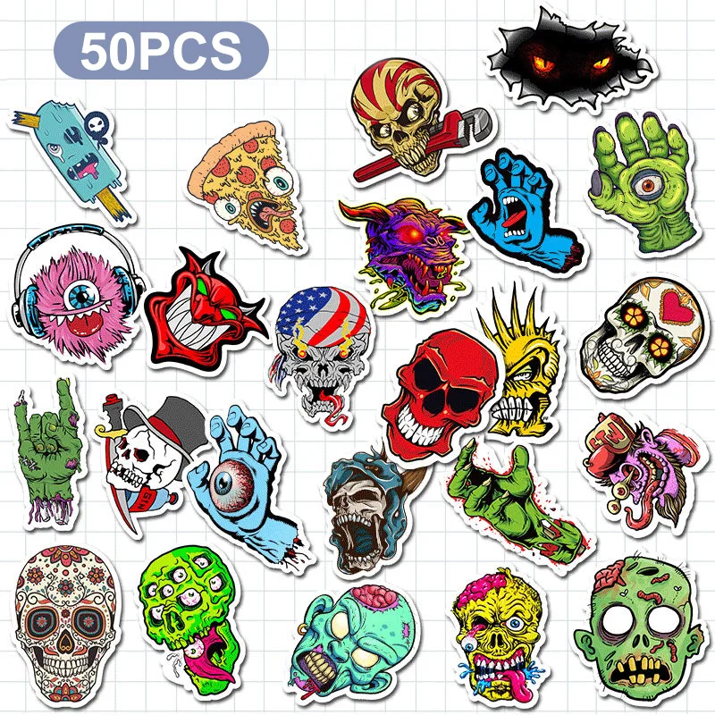 

XTZ007 #50 наклеек с ужасами и граффити, водонепроницаемые наклейки с черепом, наклейки с искусственными элементами, наклейки без повторов