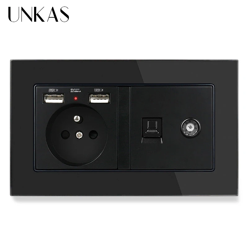Французская стандартная розетка UNKAS со стеклянной панелью и двойным USB портом +
