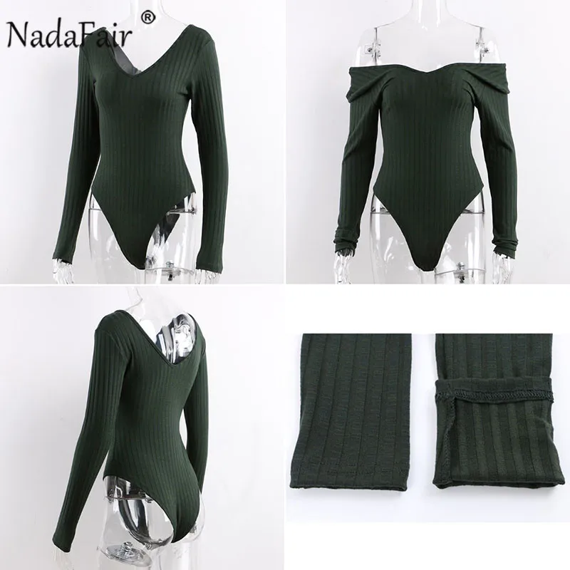 Женский Трикотажный боди Nadafair белый и черный с длинным рукавом открытыми плечами