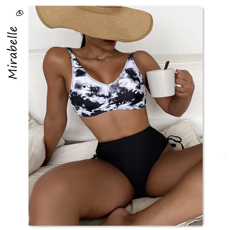 

High Waist Bikinis Swimsuits Women 2021 Ink Print Swimwear Push Up Bathing Suits High Cut Biquini Set Beachwear Summer Women