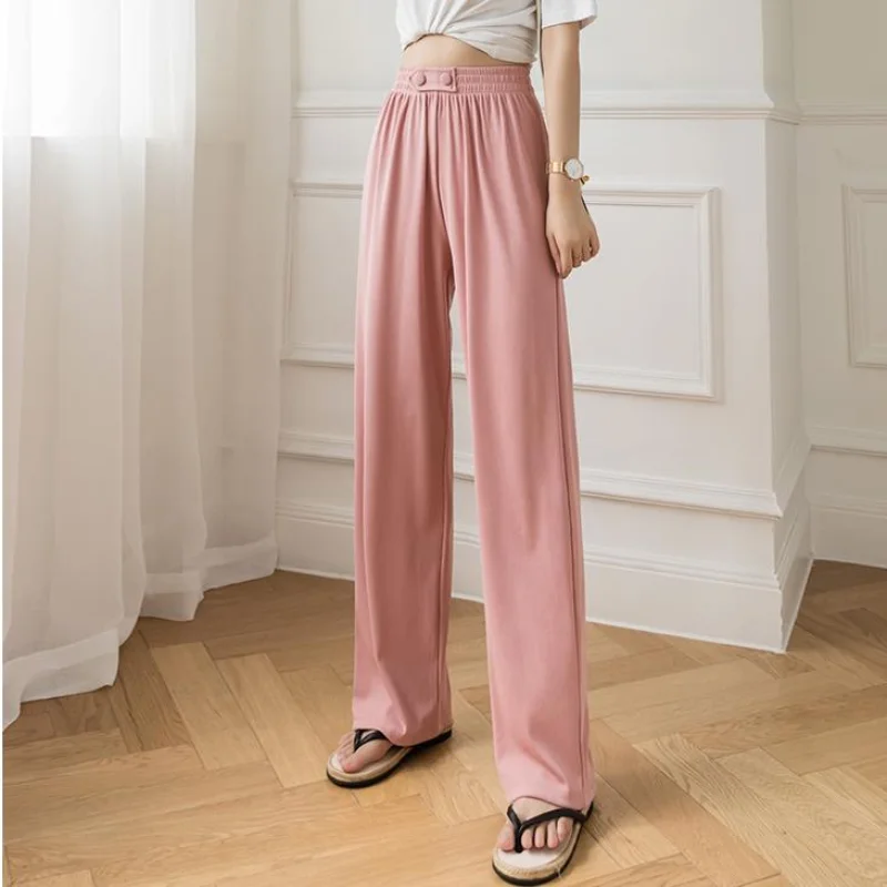 

2021 Summer Elegant Wide Leg Pants Women Casual High Waist Loose Stright Trousers Solid Elastic Waist Pants Long Length Pants