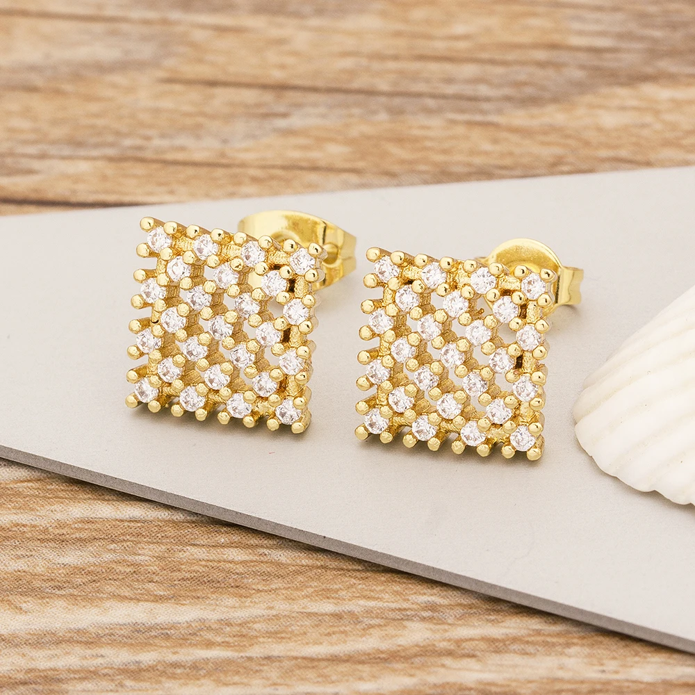 

AIBEF New Cute Small Geometric Stud Earrings White AAA Cubic Zirconia Charm Gold Color Jewelry Earrings For Women Wedding Party