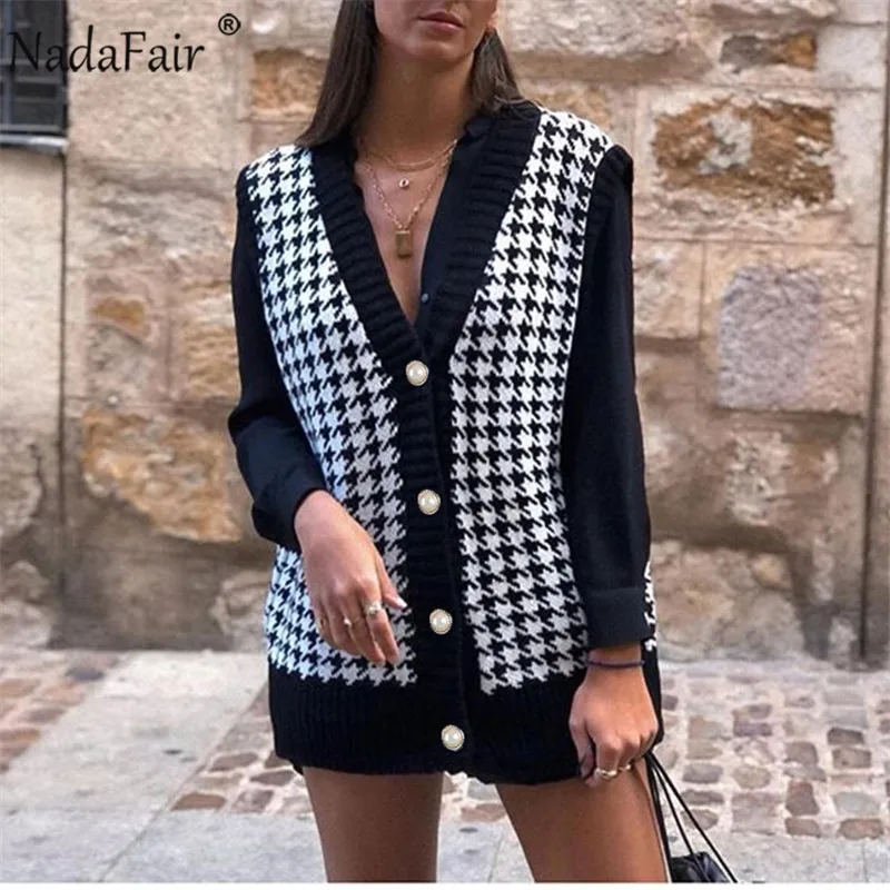 Женский винтажный кардиган Nadafair черный вязаный Повседневный джемпер с v-образным