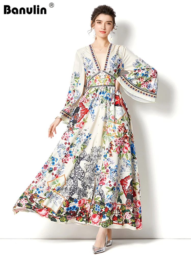 

Женское праздничное платье на пуговицах, длинное богемное платье с глубоким V-образным вырезом и Расклешенным рукавом, праздничное платье с...