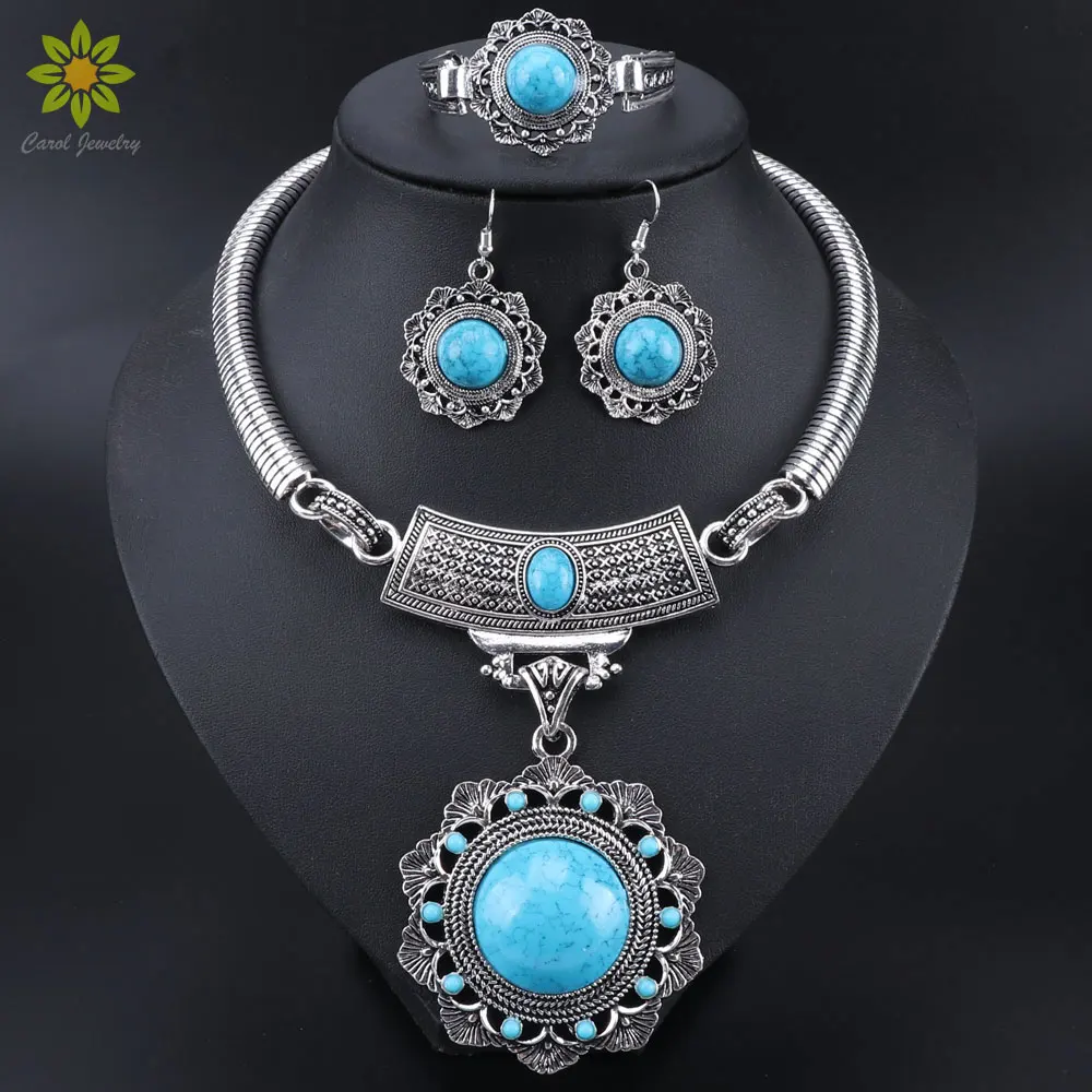 Бирюзовый камень кристалл цветок заявление ожерелье браслет и серьги набор